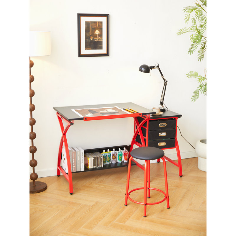 Table à dessin avec tabouret, Rouge