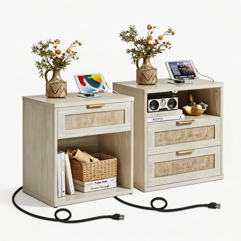 Ensemble de 2 tables de chevet en rotin, style bohème, table de chevet en bois, table de chevet à 1 tiroir avec poste de recharge et table de chevet à 2 tiroirs