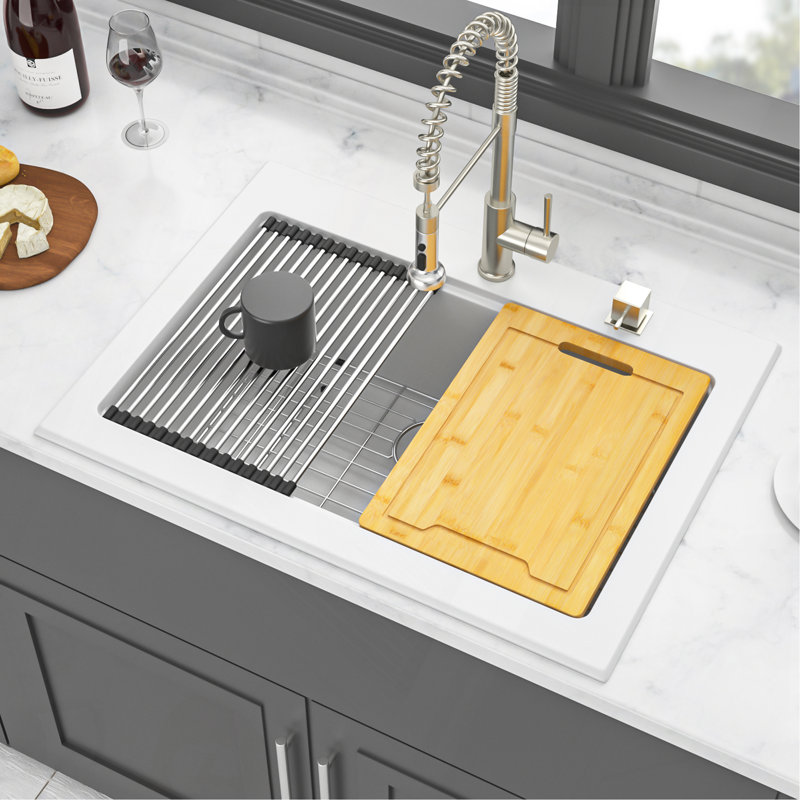 Évier de cuisine en quartz - Évier de cuisine encastré en granite blanc 30 x 22 po