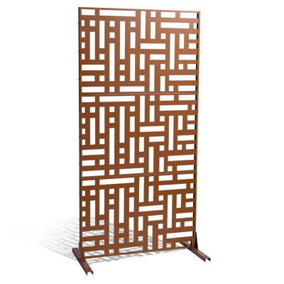 Écran d'intimité en métal, l 47 po x H 76 po, écrans d'intimité d'extérieur à 3 panneaux, paravent extérieur autoportant avec support, clôture d'intimité décorative en acier pour balcon, patio, intérieur, bain à remous, brun