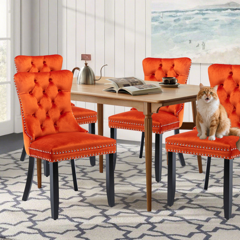 Modern Velvet Wingback Tufted Solid Wood Upholstered Dining Chairs,Orange, Orange, Black