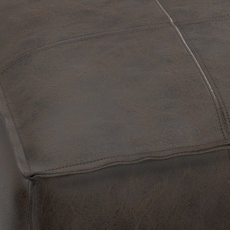 Pouf carré en cuir véritable brun foncé délavé l 18 po Sheffield, Cuir brun foncé vieilli