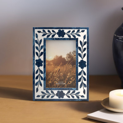 Blue & White Modern Resin & Wood Picture Frame with Glass - 9" Tall Tabletop Photo Display for Home