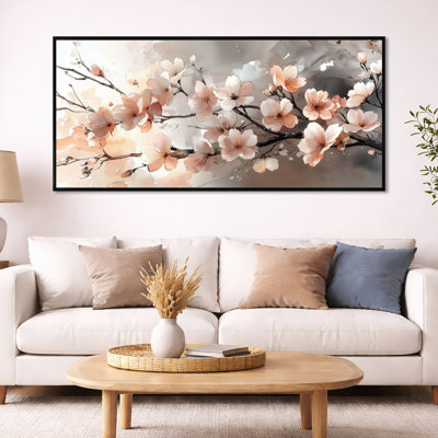 Pink Grey Delicate Cherry Blossom Branches – Cherry Blossom Framed Canvas Print, Floral Large Wall Art