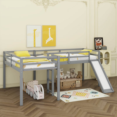Twin Size L - Shaped Loft Bed With Attached Ladder & Slide