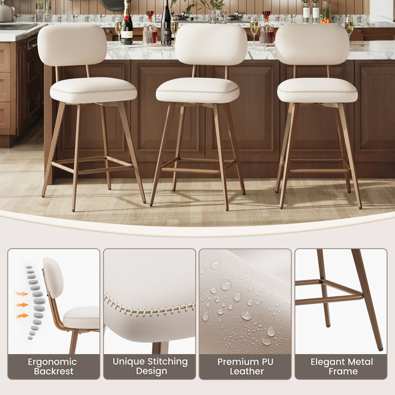 Modern Swivel Upholstered Counter Stools with Metal Frame, Beige
