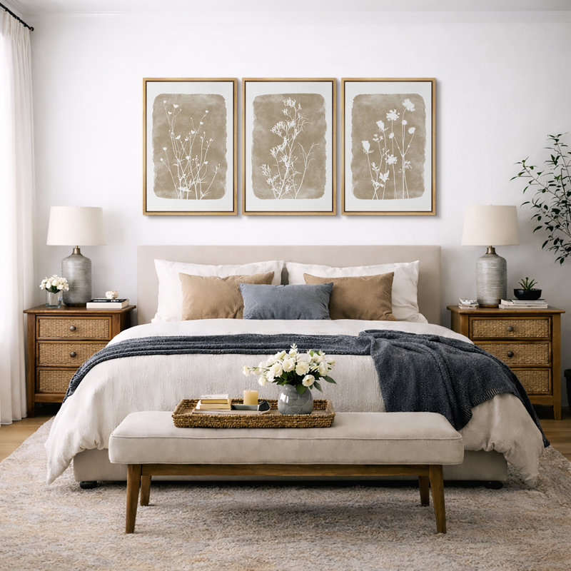 Minimal Botanical "Neutral Beige Rustic Botanical Floral Artwork, Vintage Simple Wildflower Living Room Pictures, Framed Canvas Giclee Print 3 Pieces Wall Art" 16"x24"x3 pcs, 24"x36"x3 pcs