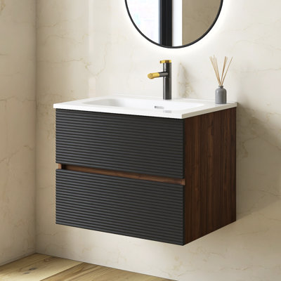 Meuble-lavabo flottant 24 po noir et noyer, lavabo intégré en céramique avec trop-plein et 3 trous de robinet, rangement spacieux pour les salles de bain modernes