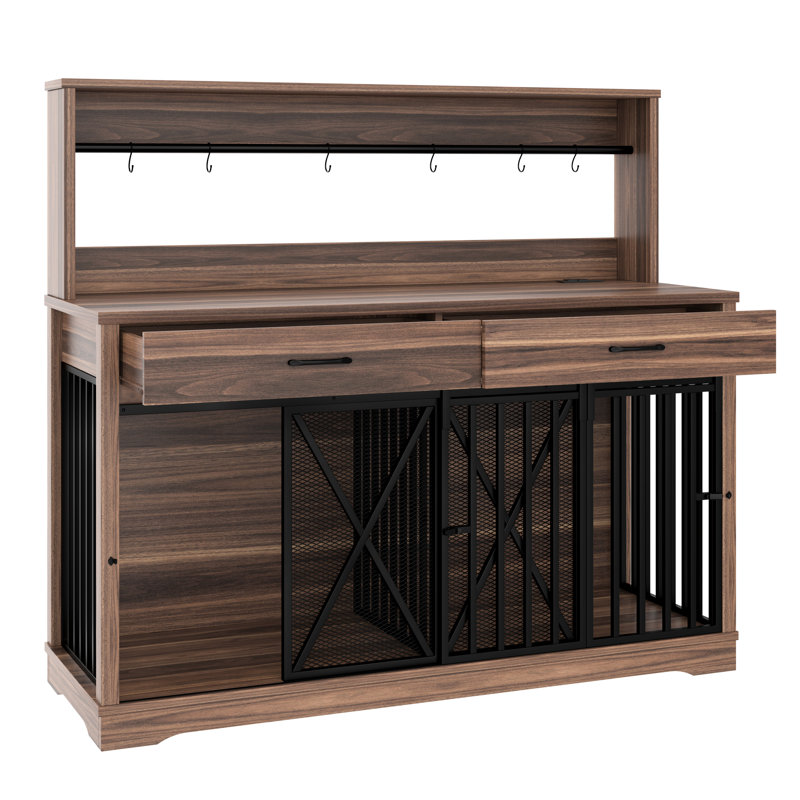 Cage robuste pour chien très grand ou deux chiens de taille moyenne, conception multifonctionnelle comme table d'appoint, portes de grange coulissantes rétro, cage à double couche brune avec verrous de séparation, peut être transformée
