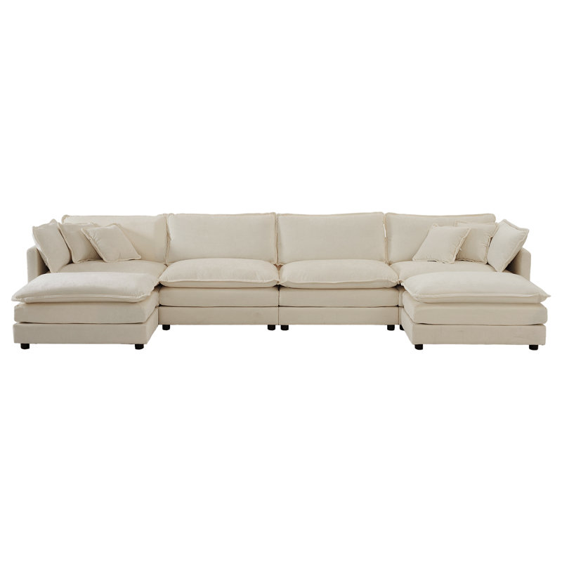 Beige Chenille U-shaped Couch: Modular Large Sectional Sofa With Reversible Chaise And Double Extra Ottomans For Comfort