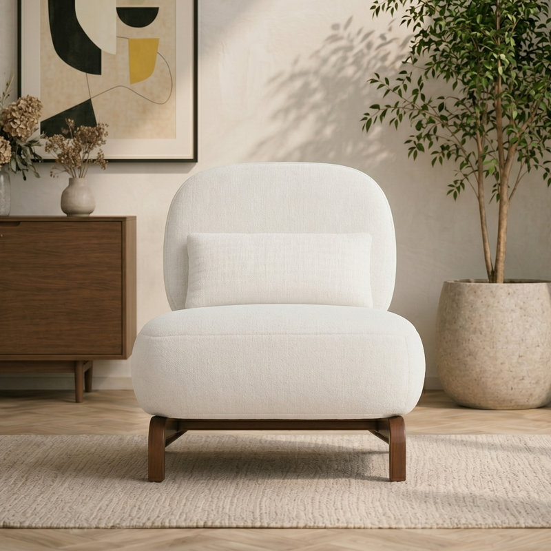Fauteuil d'appoint Mid-Century de 28 pouces de largeur avec base et coussin pour petit espace, Velours - Blanc