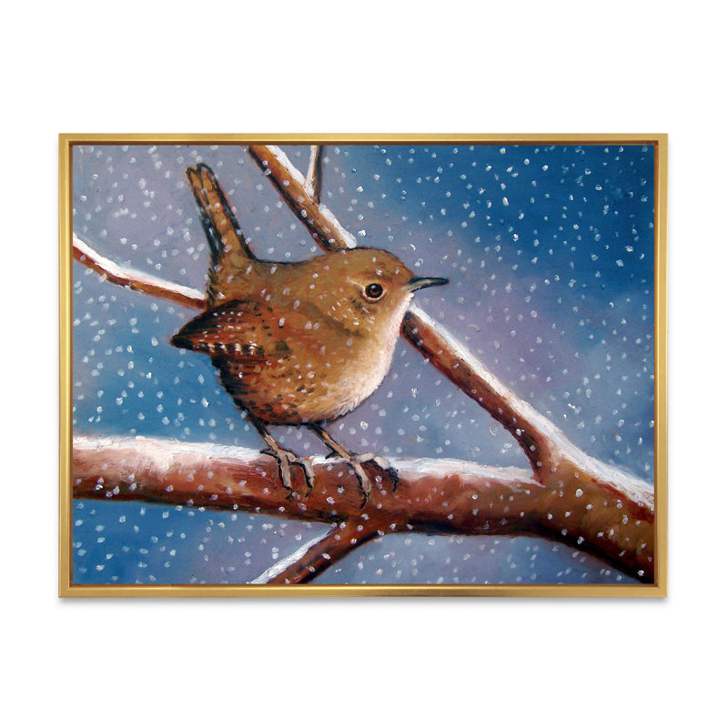 Wren en hiver - Peinture sur toile, H 16 po x l 32 po x p 1 po, Encadrement doré