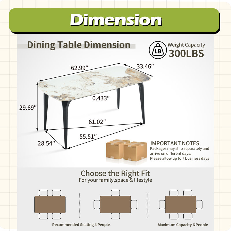 Table de salle à manger rectangulaire moderne, plateau de table en pierre frittée de qualité supérieure avec base en métal robuste, table de salle à manger résistante à la chaleur et aux égratignures