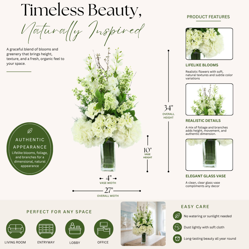 Delphinium, Hydrangea and Fern Floral Arrangement in Tall Glass Vase
