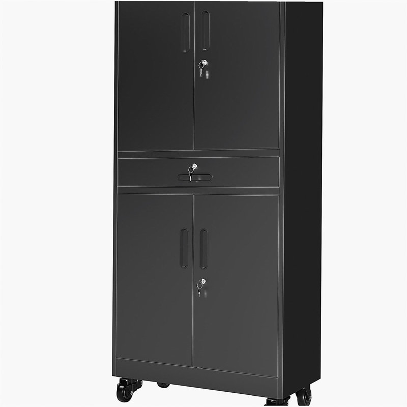 Armoire de rangement en métal avec tiroir, armoire de garage 71 po avec portes verrouillables et 2 tablettes réglables, armoire à outils robuste avec panneau perforé, 8 crochets et roulettes pour le bureau à domicile