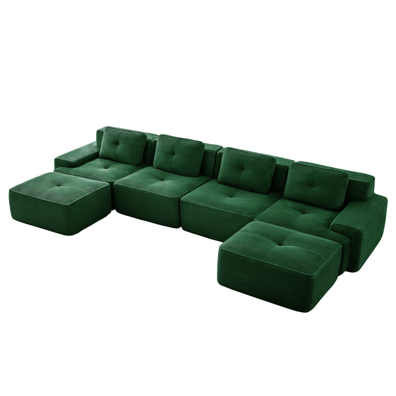 Canapé modulaire en velours côtelé de 153 po en forme de U de 153 po avec base courbée et antidérapante 2 pièces, sans assemblage, conception ergonomique, passepoil perlé