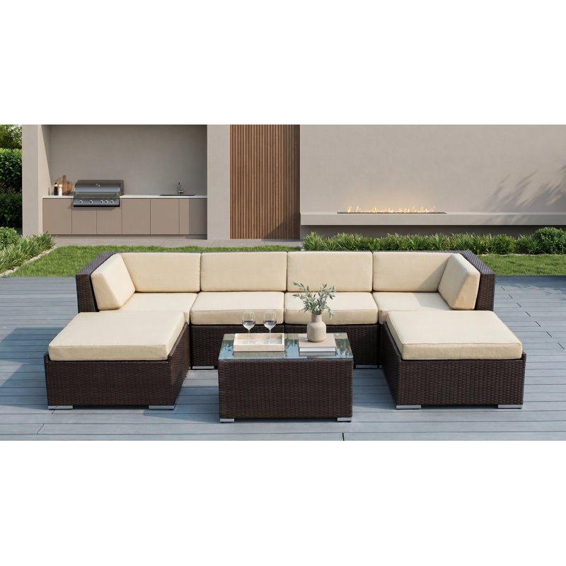 Ensemble de conversation en osier pour 4 personnes avec coussins Billyjo Wicker, Supercrylic beige, Brun foncé