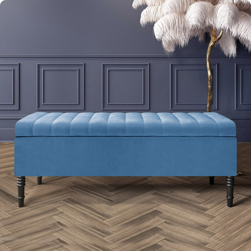 Paris Striped Ottoman Storage Bench - Upholstered Plush Velvet Shoes Bench with Black Turned Wooden Legs, Duck Egg