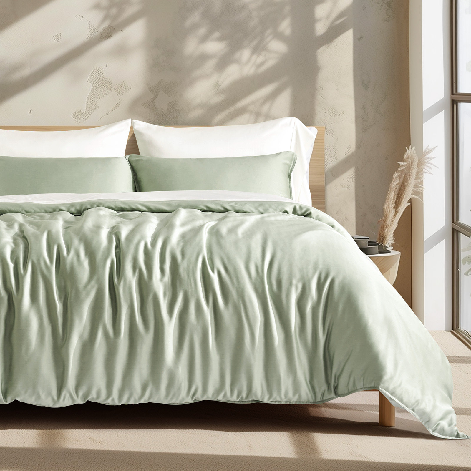Tencel Lyocell Cooling Duvet Cover Set, Sage Tea Green, Queen Duvet Cover + 2 Queen Shams