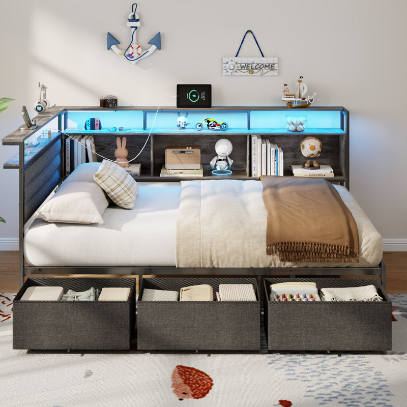 Corner Bed Frame with 3 Drawers and Storage Bookcase, Daybed with Charging Station and LED Lights, Gray,  Twin