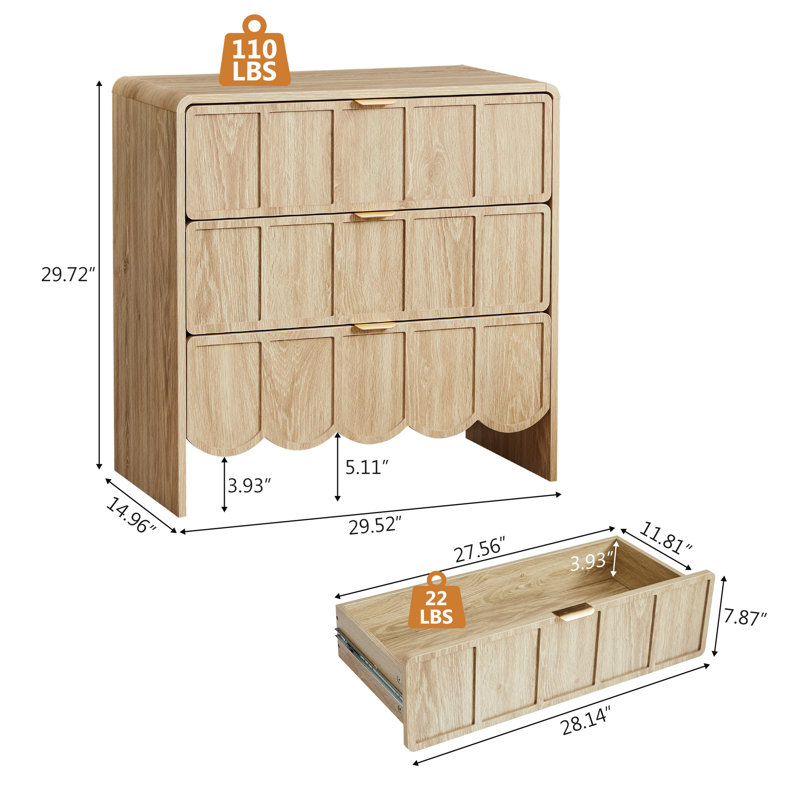 Commode d'appoint avec 3 tiroirs, Naturel