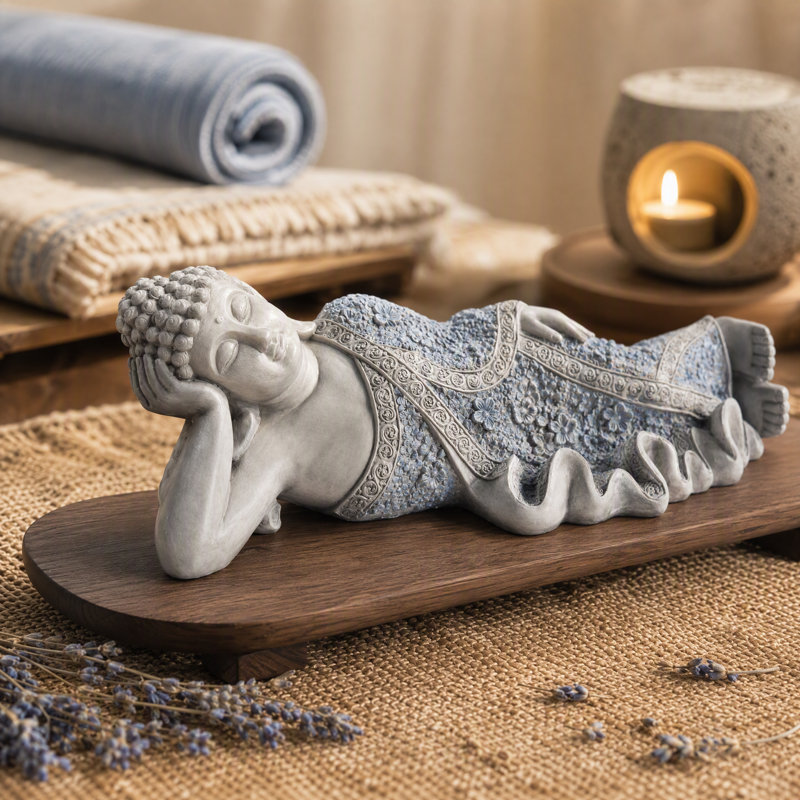 Statue de Bouddha couché oriental Zen, statue de Bouddha couché en porcelaine bleue, 25.54