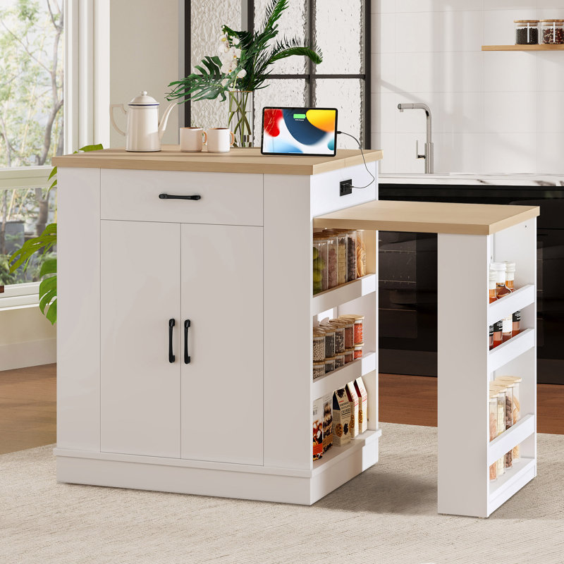 80.7" Kitchen Island With Extendable Table, Kitchen Dining Table With Drawers, Double-Door Cabinet, Natural/White