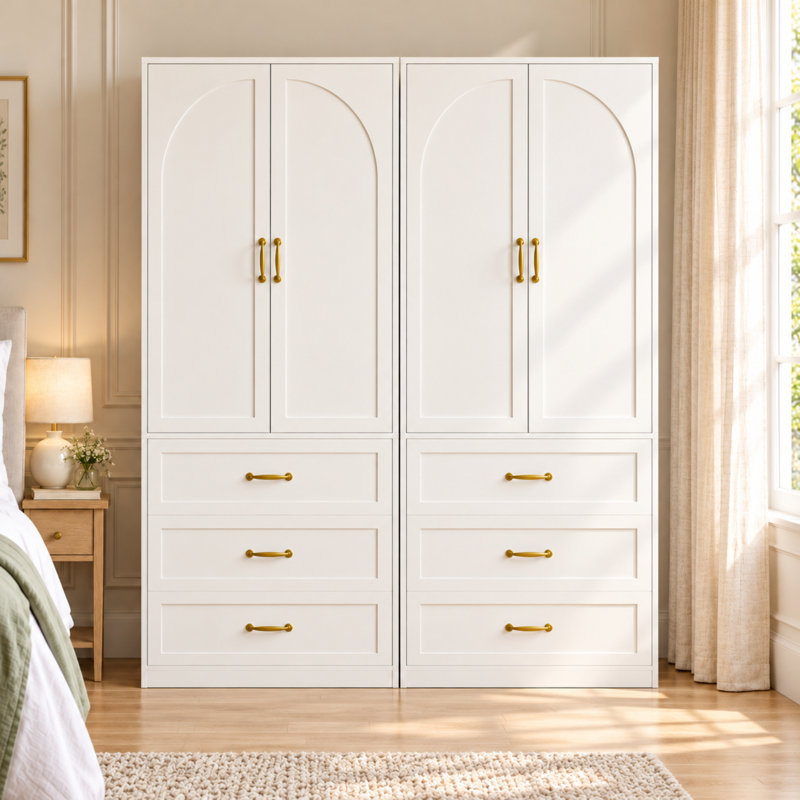 2 Piece White Wardrobe Set with 4 Doors, 6 Drawers and Gold-Tone Handles