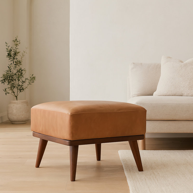 Tabouret en cuir brun clair Buffalo, rembourré, pieds nordiques, brun clair et brun foncé