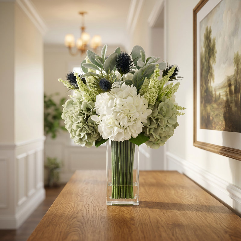 Assorted Hydrangeas, Lamb's Ear and Protea Arranged in Glass Vase