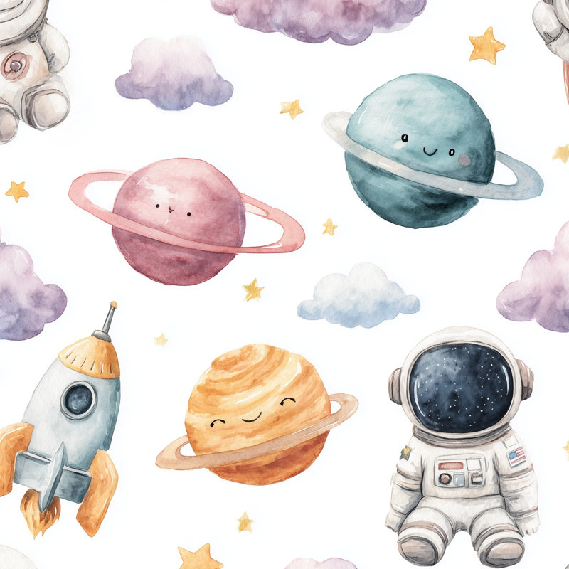 Papier peint fond blanc avec astronautes, Non tissé, non collé