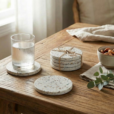 4Pc Terrazzo Round Coaster 4X4" Cream Speckled