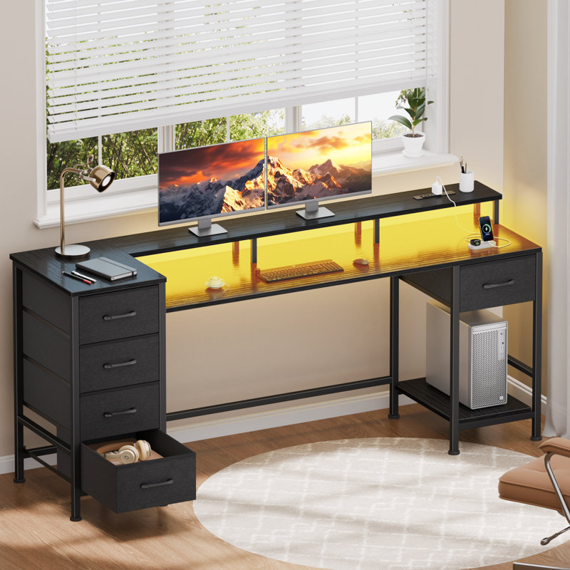 Bureau d'ordinateur avec support pour moniteur et station de charge, bureau de jeu avec lumières DEL et tiroirs, Noir