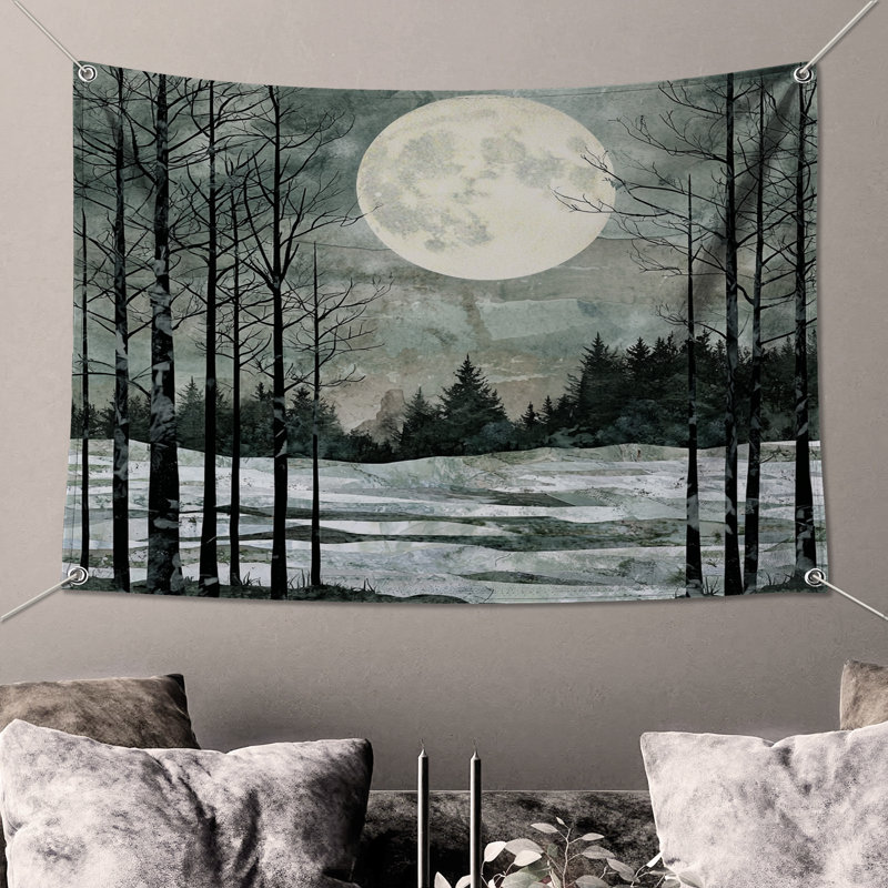 Full Moon Winter Landscape Wall Tapestry - Moon Wall Decor, 68in H x80in W with 4 Grommets
