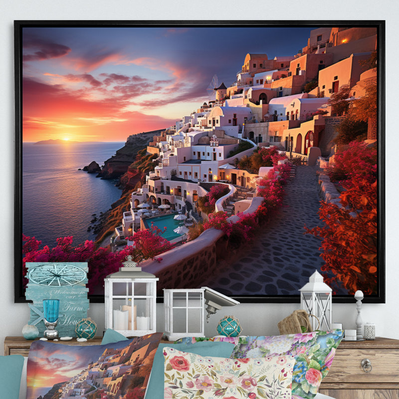 Grèce Oia Splendor IV sur toile, Cadre flottant noir, H 12 po x l 20 po x P 1 po