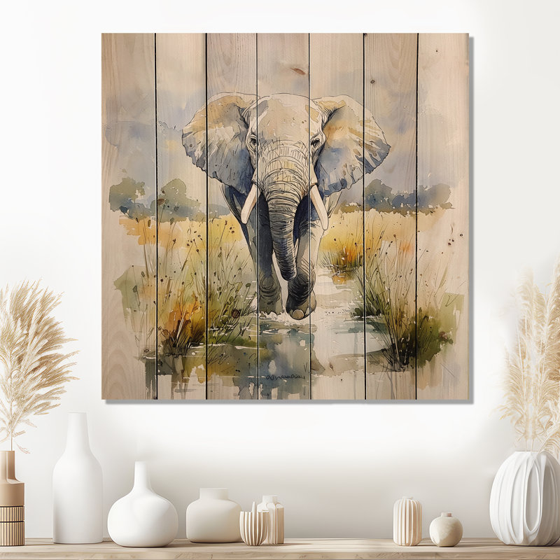 Éléphant géant doux en Afrique - décoration murale moderne en bois , H 36 po x l 36 po