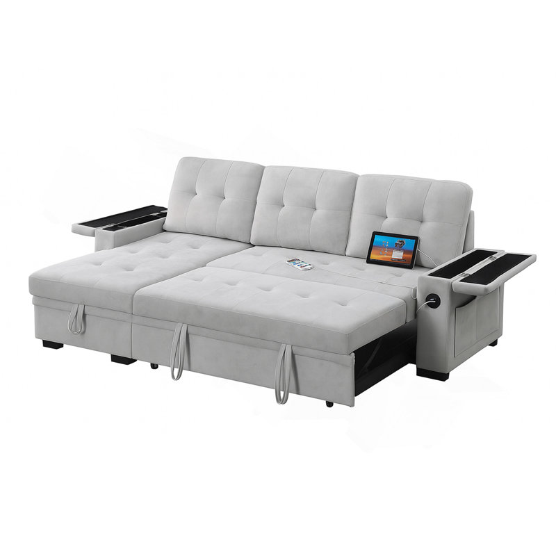 Canapé-lit modulaire réversible en tissu tissé avec méridienne de rangement, gris