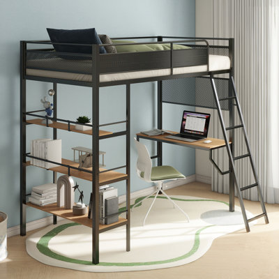 Lit mezzanine simple à 3 tablettes avec fini noir mat, garde-corps pleine longueur et panneaux en maille