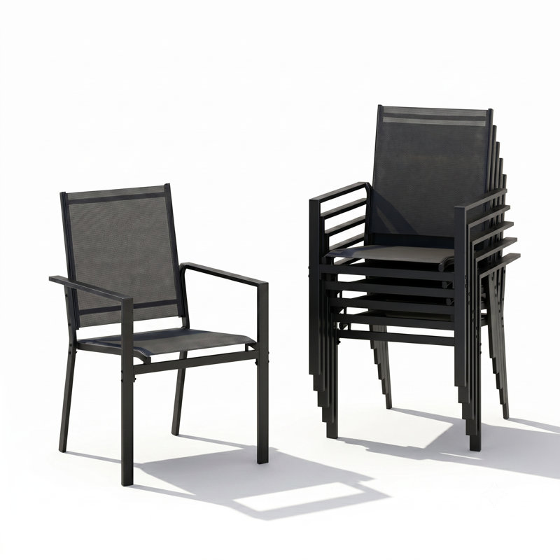 7-piece Outdoor Patio Rectangular Dining Table Set With 6 Stackable Pvc-coated Polyester Fabric Armchairs-c-b