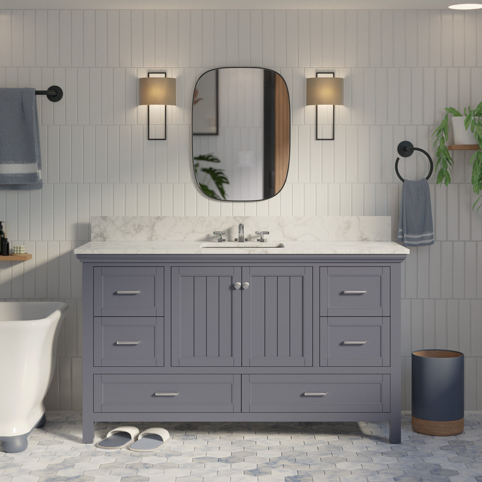 Maven 60" Carrara Marble Single Bathroom Vanity, Marine Gray