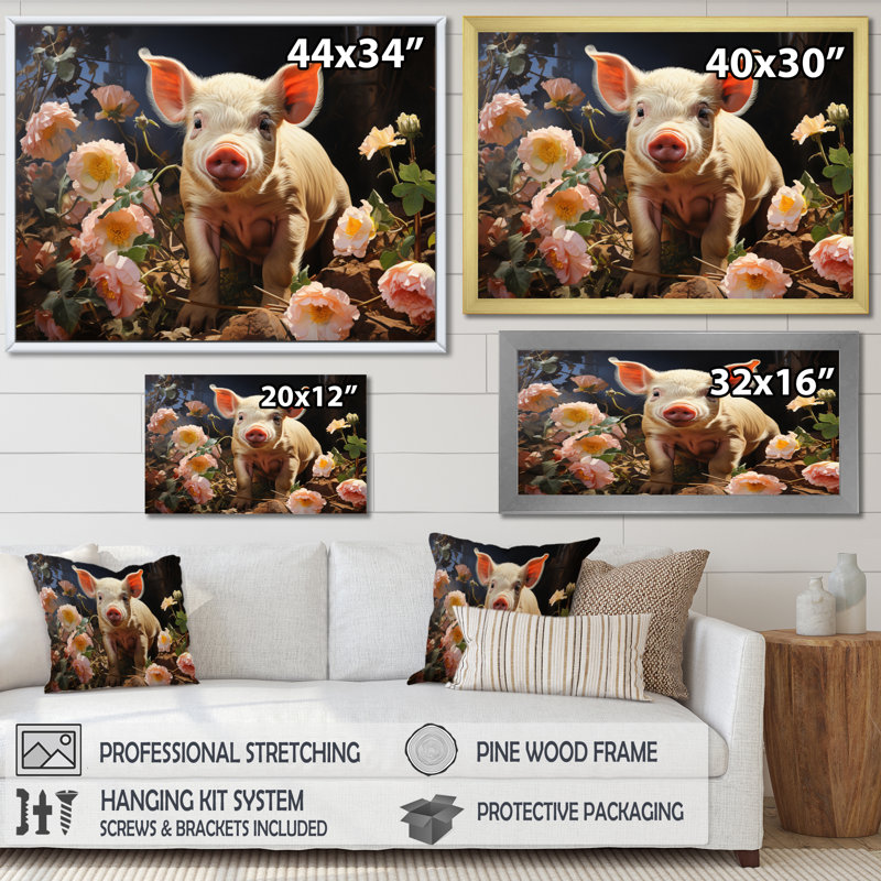 «Pink Pig Joyful Oinker», reproduction sur toile, H 12 po x l 20 po x P 1 po, Cadre photo noir