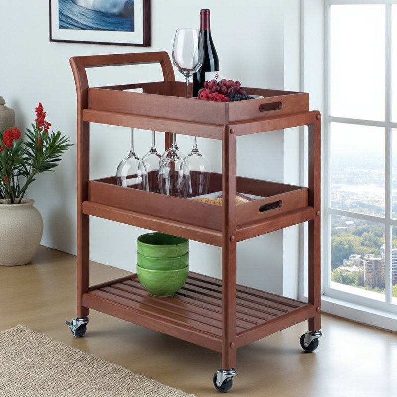 Albert 2 Removable Serving Trays Utility Cart with Wheels in Walnut, 33.27" H X 24.60" W X 15.85" D