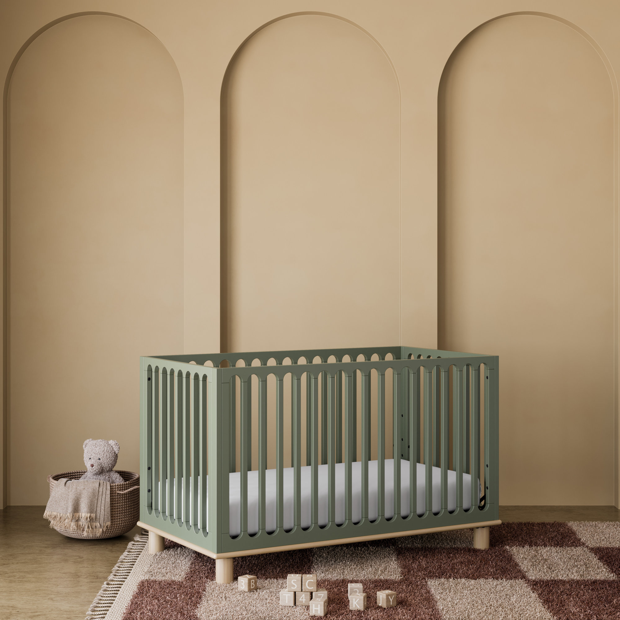 Sicily Deluxe 3-In-1 Convertible Crib With Bonus Toddler Guardrail, Crib, Olive/Driftwood