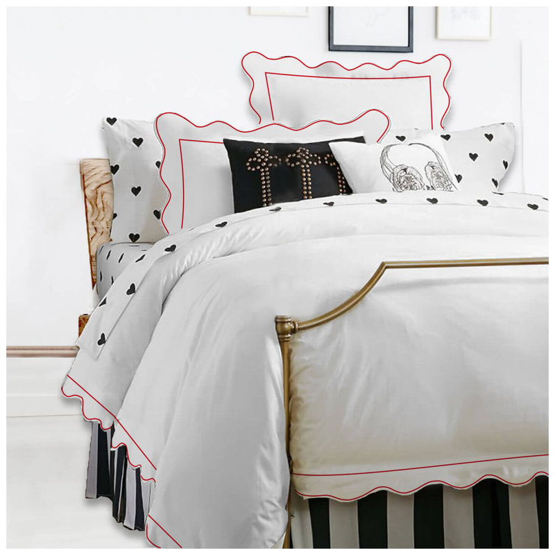 400TC Cotton Scallop Embroidery & Border Sateen Solid Duvet Cover Set, Full/Queen Duvet Cover, White/Burgundy