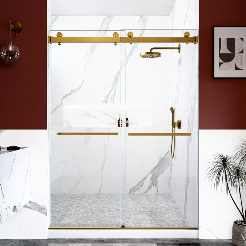 Porte de douche coulissante double de 56 à 60 po de largeur, verre trempé de 10 mm de 3/8 po, or brossé, conception d'ouverture réversible, système imperméable brisé amélioré, fabrication en acier inoxydable 304 réglable de 80 po