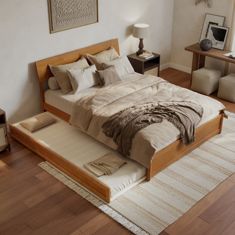 Norla Wood Platform Bed with Trundle, Queen, Light Toffee