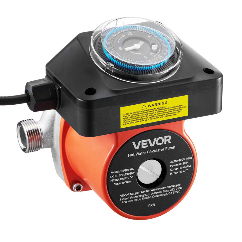 Pompe de recirculation d'eau chaude, avec soupape de dérivation, ensemble de pompe de recirculation instantanée avec minuterie, adaptateur, système de circulation de circulation, tête en acier inoxydable, 0,13 HP 110-120V, pour chauffe-eau à réservoir