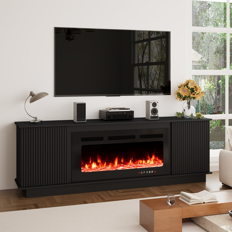  70" Tv Stand With 36" Electric Fireplace For Tvs Up To 80", Modern Fluted Media Console With Led Flame Heater, Entertainment Center With Fireplace For Living Room, Black