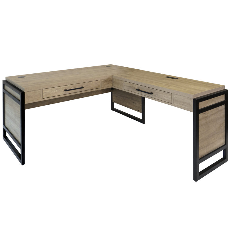 Triche L-Shaped Desk with Built-in Outlets, Light Brown/Black