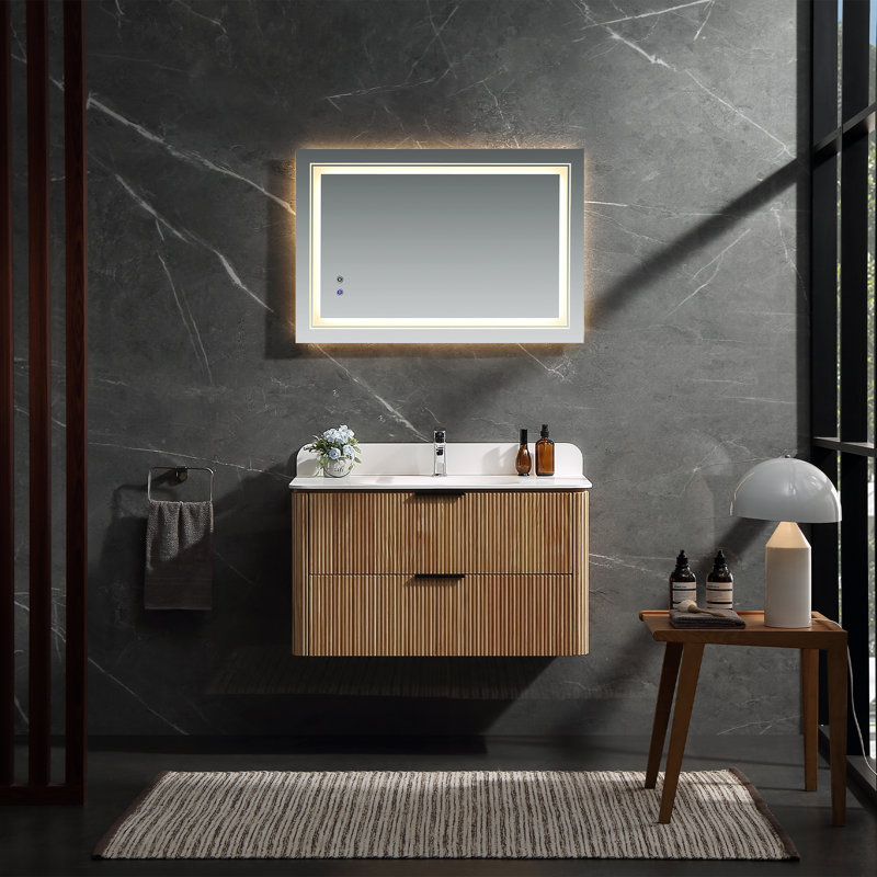 Meuble-lavabo mural flottant moderne en chêne massif 36 po entièrement assemblé